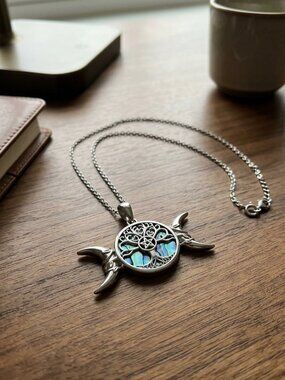 Triple Moon Goddess Necklace 925 Sterling Silver Pentacle Tree of Life Abalone